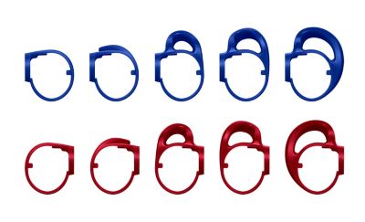 Soportes de sujeción Sony (audífonos) en azul y rojo de diferentes tamaños, dispuestos en dos filas para los oídos izquierdo y derecho
