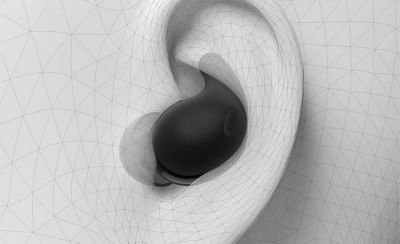 A geometric graphic illustration of a human ear with the LinkBuds Fit inside, demonstrating their ergonomic fit.