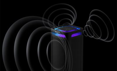 ULT TOWER 9 with illustrations of sound waves emanating from the top of the speaker.