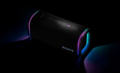 The ULT FIELD 5 illuminated with multi-coloured lights at each end of the speaker