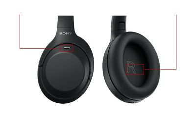 Изображение наушников с портом USB-C от Sony и маркировкой R на правом наушнике