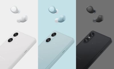 Three image shots of the WF-C510 earbuds with respective Xperia 10 VI phones in these new colours