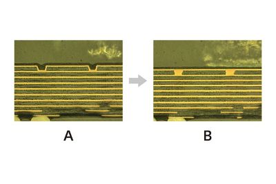 Cross‑section comparison: standard PCB via versus copper‑filled low‑dielectric via