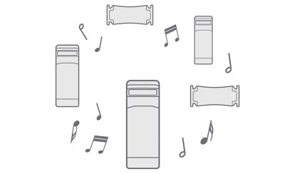 Diagram showing several devices all playing the same music.