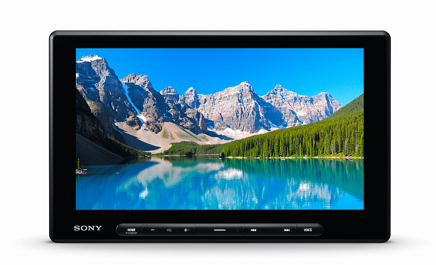 Vista frontal do XAV-AX8500 que apresenta uma imagem de montanhas e um lago no ecrã