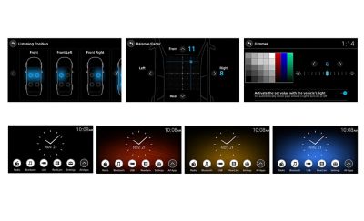 Imágenes que muestran las interfaces de posición de audición, balance/atenuación y regulador de iluminación sobre las imágenes de la interfaz del reloj