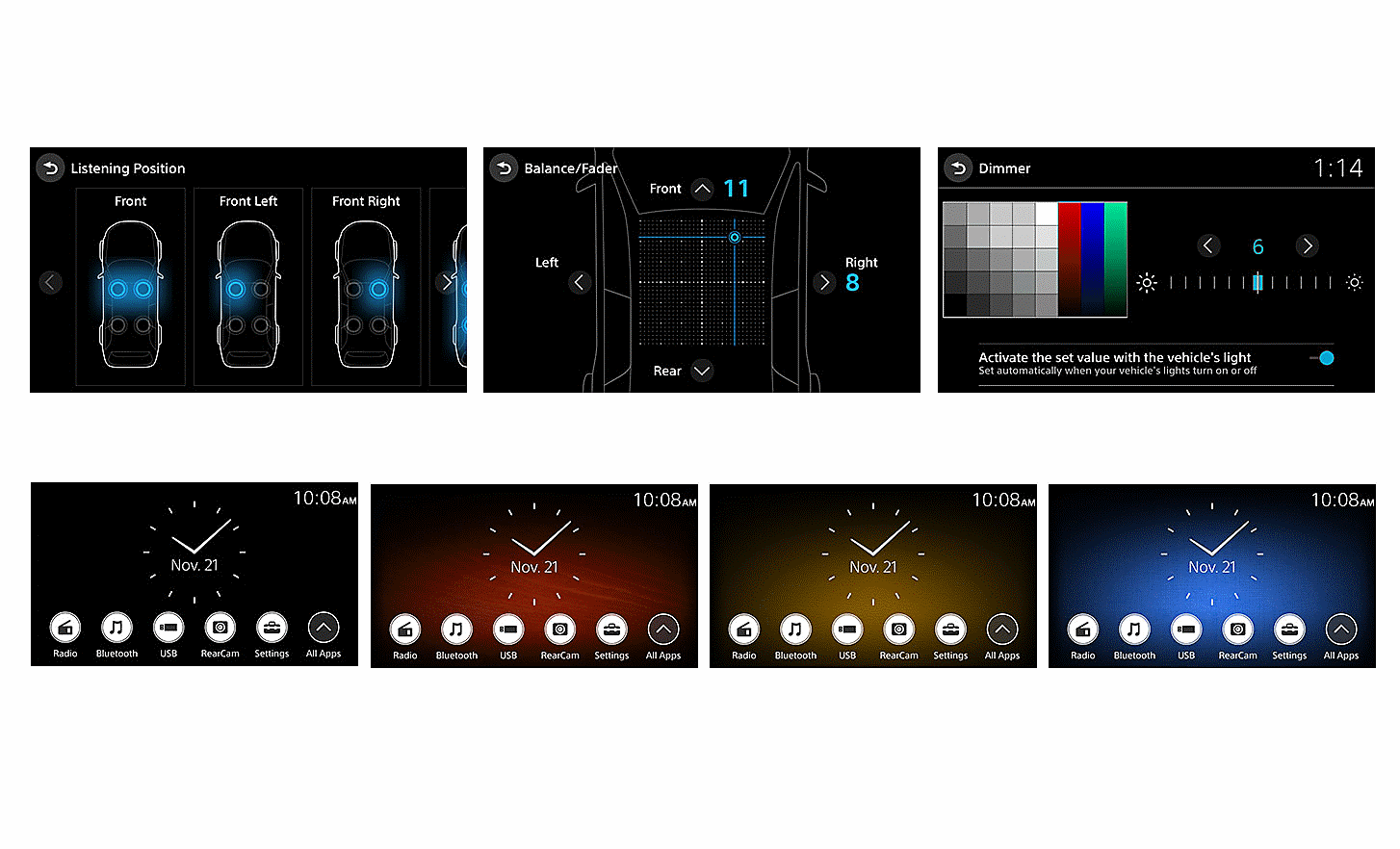 Images displaying the listening position, balance/fader and lighting dimmer interfaces above images of the clock interface