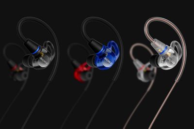 Sony earbuds in black, blue and transparent variants, displayed on a black background