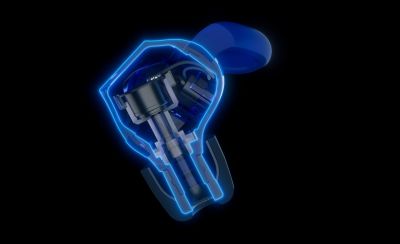 Sección transversal interna de los audífonos intrauditivos IER-M500 de Sony, que resalta el diseño de tubo acústico con iluminación azul