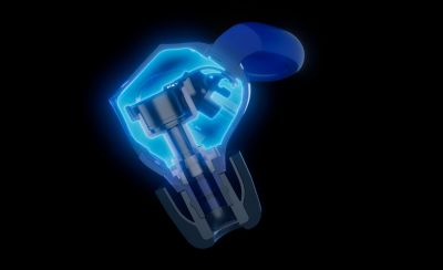 Diagrama de la estructura interna de los audífonos intrauditivos IER-M500 de Sony que muestra el diseño del controlador y la cámara con efectos azules brillantes
