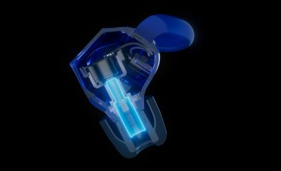 Diagrama del contorno de los audífonos intrauditivos IER-M500 de Sony, que muestra la ruta acústica completa con líneas azules brillantes