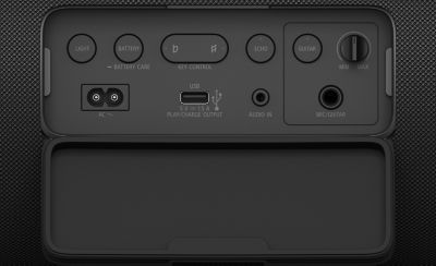 Rear view of the ULT FIELD 7 portable speaker with a close- up of the inputs and settings panel.