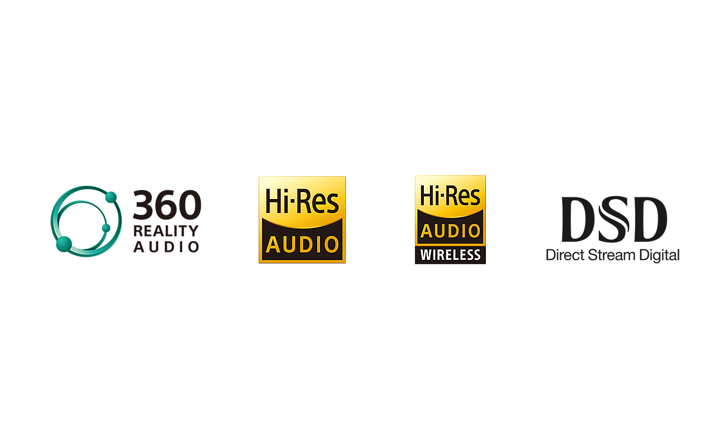 Logotip 360 Reality Audio, logotip Hi-Res Audio, logotip Hi-Res Audio Wireless, logotip DSD (Direct Stream Digital)