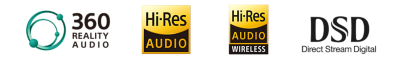 360 Reality Audio logo, Hi-Res Audio logo, Hi-Res Audio Wireless logo, DSD Direct Stream Digital logo