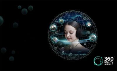 Image of a girl wearing the 360 Reality Audio certified earbuds whilst being surrounded by a surround sound visual design.