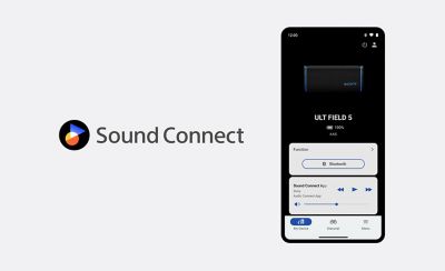 El logotipo de Sound Connect a la izquierda y un teléfono celular a la derecha mostrando la aplicación en la pantalla