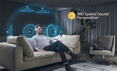 Image of a man on the sofa with his 360 Reality Audio certified earbuds whilst surrounded by a visual design to showcase the 360 effect