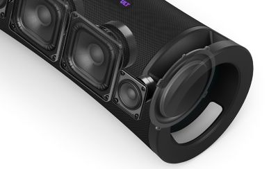 Top view of the ULT FIELD 7 Portable Speaker with the casing removed to show the speaker positions.