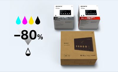 Imagen de diversas soluciones de embalaje de Sony con un gráfico que muestra que el nuevo embalaje utiliza un 90 % menos de tinta que las versiones anteriores.