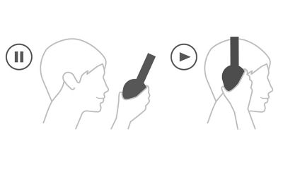 헤드폰을 벗는 사람의 옆모습을 애니메이션으로 표현한 이미지(헤드폰을 벗으면 음악이 자동으로 일시 중지됨).