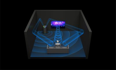 Una ilustración gráfica de las ondas sonoras del TOWER 9 que rebotan en las paredes de la habitación y se dirigen a los oyentes sentados que miran el televisor