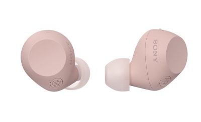 Audífono rosa izquierdo mostrado desde atrás junto al audífono rosa derecho que muestra el perfil lateral