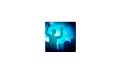 A person in a hazy nightclub with their hands in the air.