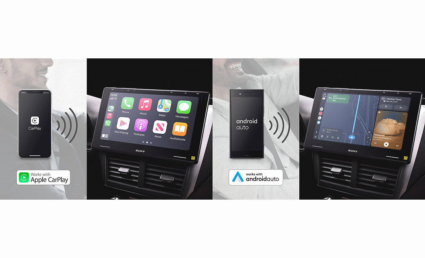 Split image showing how the XAV-9550ES can connect with Apple CarPlay and AndroidAuto