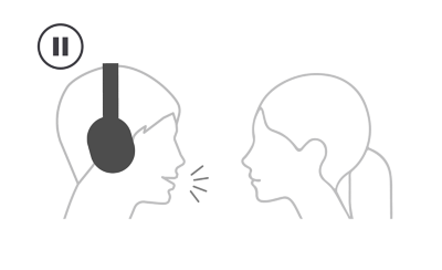 Ilustrație cu o persoană purtând căștile și vorbind cu altă persoană, cu un buton de pauză indicând funcția Speak-to-Chat.