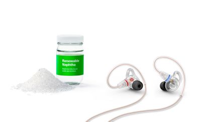 Transparent Sony earbudsshown alongside renewable naphtha and bio-based plastic materials