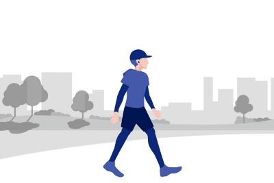 An illustration of a man walking while wearing earbuds.