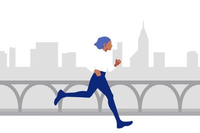 An illustration of a woman running while wearing earbuds.