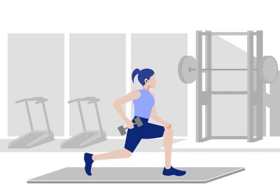 An illustration of a woman working out at the gym wearing earbuds.