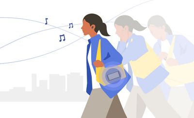 An illustration of a woman listening to music via AutoPlay.