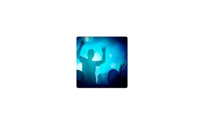 A person in a hazy nightclub with their arms in the air.