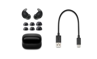 A pair of LinkBuds Fit, three pairs of earbud tips, a LinkBuds Fit charging case, and a USB type A to USB type C cable.