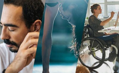 Imagen dividida de tres imágenes diferentes, una que representa a un hombre, una que representa a una mujer al revés y una que representa a una mujer en una silla de ruedas.