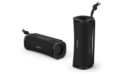 Two ULT FIELD 1 portable speakers, one in vertical orientation and one in horizontal orientation.