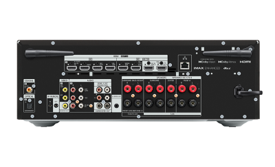 תמונה שמציגה את החלק האחורי של מגבר AV המציגה את כל היציאות והחיבורים הזמינים