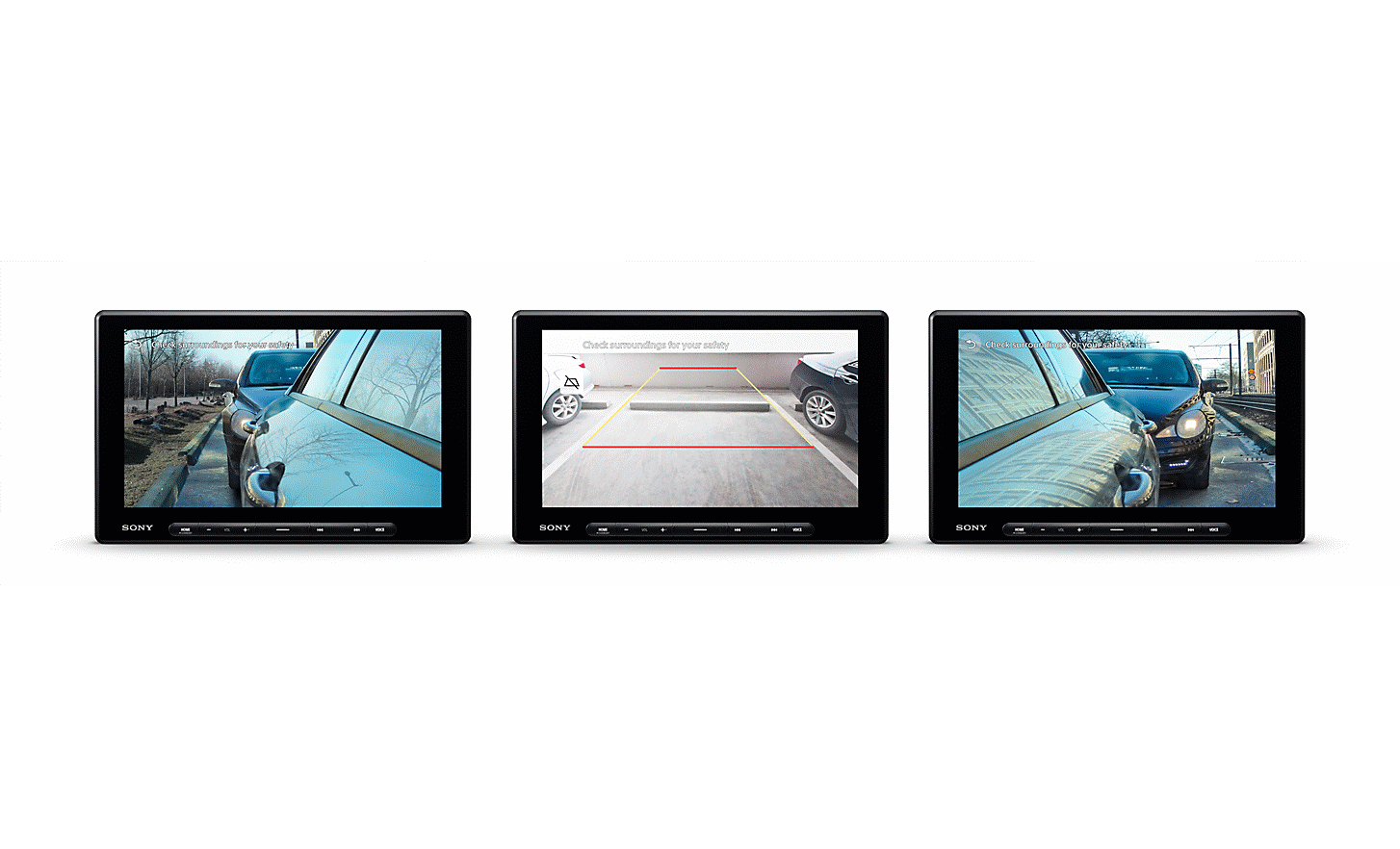Three images of the XAV-AX8500 displaying the various wing and reverse cameras on-screen