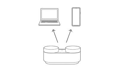 Dessin technique du système HT-AX7 avec des flèches pointant vers un ordinateur portable et un téléphone