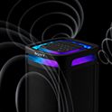 ULT TOWER 9 with illustrations of sound waves emanating from the top of the speaker.