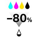 Imagen ilustrada de gotas de color con el texto –80 % que sugiere la reducción de la tinta utilizada.