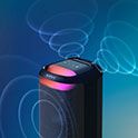 Image of the SRS-XV800 Speaker with orange and pink ambient lighting and various sound waves on a blue gradient background