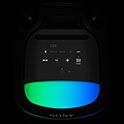 Image of the SRS-XV800 control panel with backlit buttons and green and blue ambient lighting, on a black background