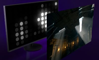 Herní monitor M9 II rozdělený na dvě části demonstrující funkci podsvícení monitoru.