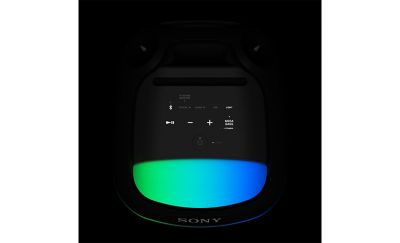 Image of the SRS-XV800 control panel with backlit buttons and green and blue ambient lighting, on a black background