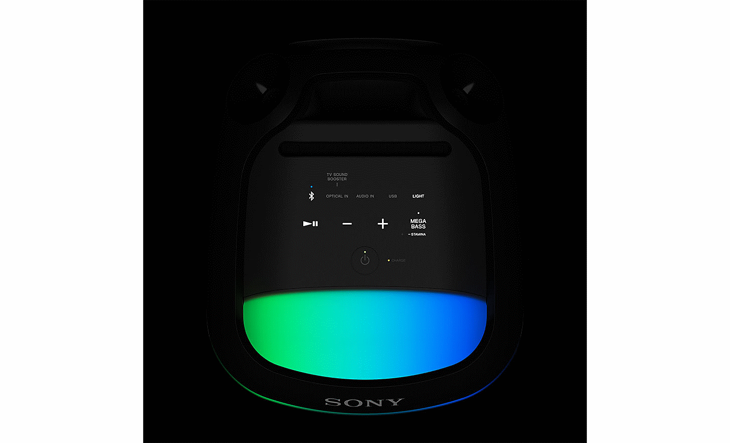 Zdjęcie panelu sterowania głośnika SRS-XV800 z podświetlanymi przyciskami i zielono-niebieskim oświetleniem na czarnym tle