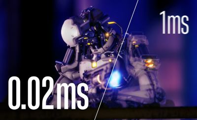 Ρομπότ σε μπλε και μοβ φόντο. Το κείμενο γράφει "0,02 ms" και "1 ms" με λευκό χρώμα