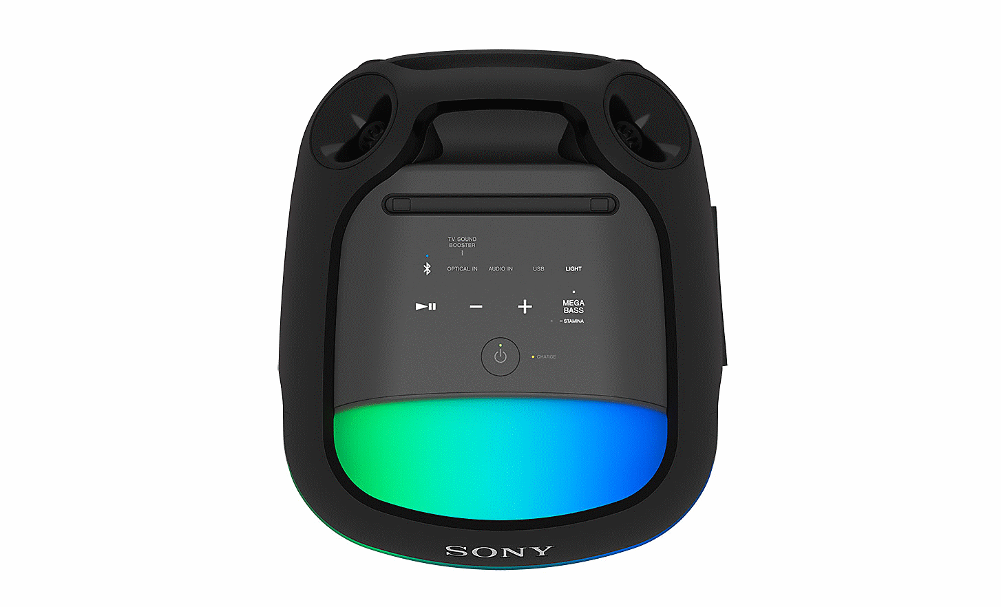 Gambar panel kontrol SRS-XV800 dengan tombol bercahaya dan pencahayaan sekitar warna hijau dan biru, di latar belakang putih